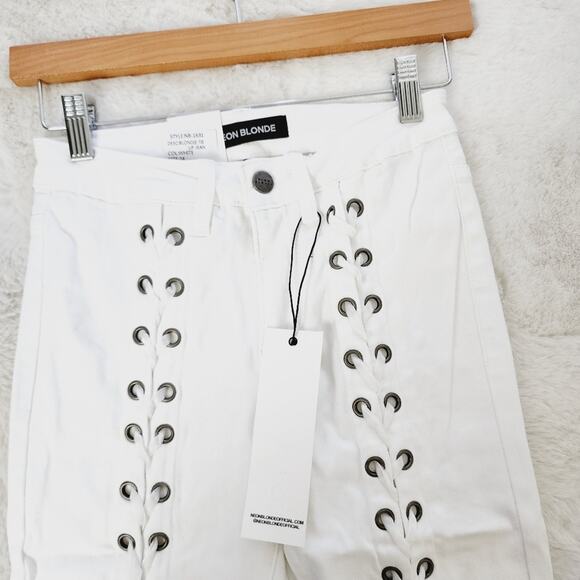 Neon Blonde Blondie Tie-Up Skinny Jeans White Denim Lace-Up Velvet Revolve 24 - Picture 7 of 9